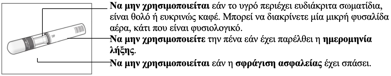 Επισημασμένη εικόνα προϊόντος για την προγεμισμένη σύριγγα Cosentyx 150 mg (SensoReady) που δείχνει τους ελέγχους ασφαλείας που πρέπει να διενεργούνται πριν από τη χρήση