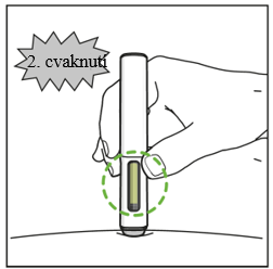 Pero bylo vloženo do kůže. Nahoře se zobrazí popisek „2. kliknutí“, který označuje zvuk druhého kliknutí z pera. Zelený tečkovaný kruh zvýrazní okno, které je vyplněno zeleně, aby bylo vidět úspěšné vložení.