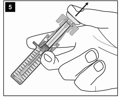 Relâchez lentement le piston et laissez le dispositif de protection de la seringue recouvrir automatiquement l’aiguille exposée.