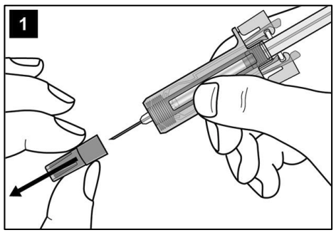 L'image du guide de la première étape montre que le capuchon de l'aiguille est retiré de la seringue à deux mains