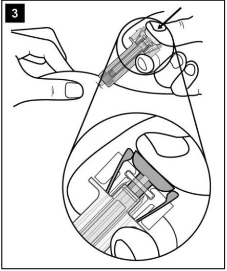 La troisième étape du guide montre une version agrandie de la deuxième étape, mettant en évidence le fait que le dépisteur est complètement enfoncé dans les ailes du protège-seringue