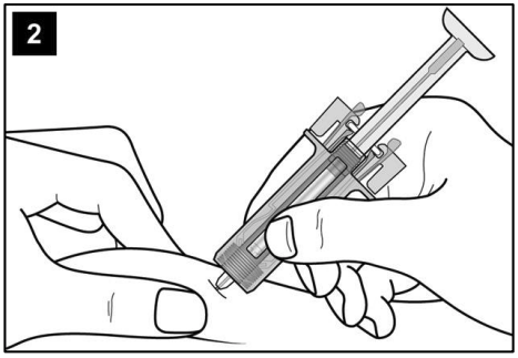 La deuxième étape du guide montre que l'aiguille est insérée dans la peau qui est pincée entre le pouce et l'index