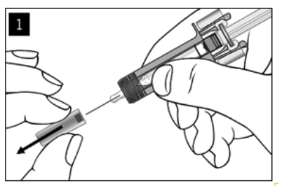 Obraz z pierwszego kroku pokazuje, że nasadka igły jest zdejmowana ze strzykawki przy użyciu dwóch rąk