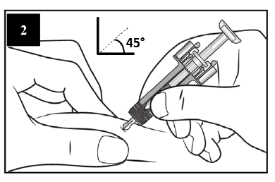 Krok drugi przewodnika przedstawia wprowadzanie igły w skórę, która jest ściskana między kciukiem a palcem wskazującym