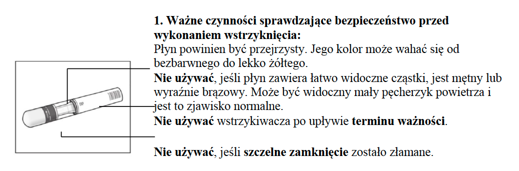 " Zdjęcie produktu z etykietą dla ampułko-strzykawki Cosentyx 150 mg (SensoReady) przedstawiające kontrole bezpieczeństwa, które należy wykonać przed użyciem"