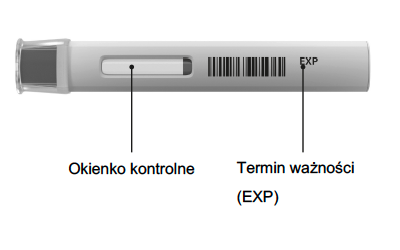 Nieotwarty wstrzykiwacz Cosentyx 300 mg UnoReady z nasadką na boku z widocznym okienkiem i datą ważności