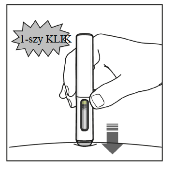 Wstrzykiwacz został wprowadzony w skórę, co wskazuje strzałka skierowana w dół. Powyżej pojawi się objaśnienie „Pierwsze kliknięcie”, które wskazuje dźwięk kliknięcia z pióra