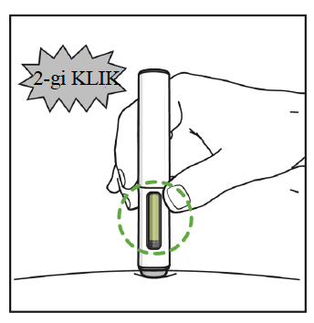 Wstrzykiwacz został wprowadzony w skórę. Powyżej pojawi się objaśnienie „Drugie kliknięcie”, wskazujące na dźwięk drugiego kliknięcia z pióra. Zielony przerywany okrąg podświetla okno, które jest wypełnione na zielono, aby pokazać pomyślne wstawienie.