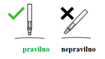 " Pravilen in nepravilen kot za injiciranje je prikazan s kljukico in križcem"