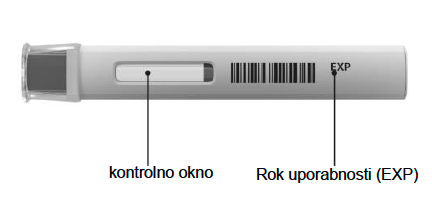 Neodprt injekcijski peresnik Cosentyx 300 mg UnoReady s pokrovčkom na strani, ki prikazuje okence in rok uporabnosti