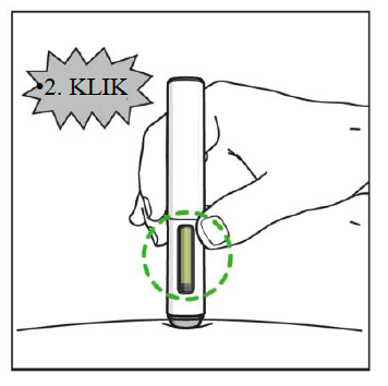 Peresnik je bil vstavljen v kožo. Zgoraj se prikaže oblaček z napisom »2. klik«, ki označuje 2. klik s peresom. Zeleni pikčast krog označuje okno, ki je zapolnjeno z zeleno, kar kaže na uspešno vstavljanje.