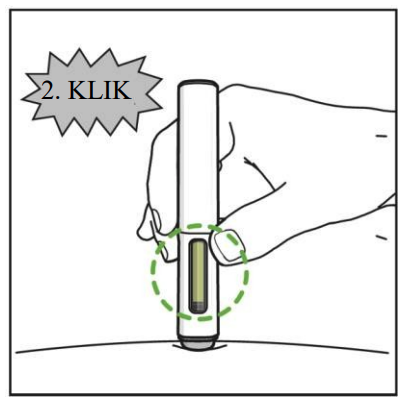 Olovka je umetnuta u kožu. Iznad se pojavljuje oblačić s natpisom "2. klik" koji označava zvuk drugog klika olovke. Zeleni točkasti krug ističe prozor koji je ispunjen zelenom bojom kako bi pokazao uspješno umetanje.