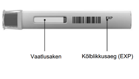 Avamata Cosentyx 300mg UnoReady pensüstel, mille kork on küljel, et kuvada vaateaken ja aegumiskuupäev