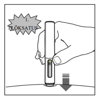 Pliiats on sisestatud naha sisse, mida näitab allapoole suunatud nool. Ülal kuvatakse viiktekst „Esimene klõps”, mis näitab pliiatsi klõpsamise heli