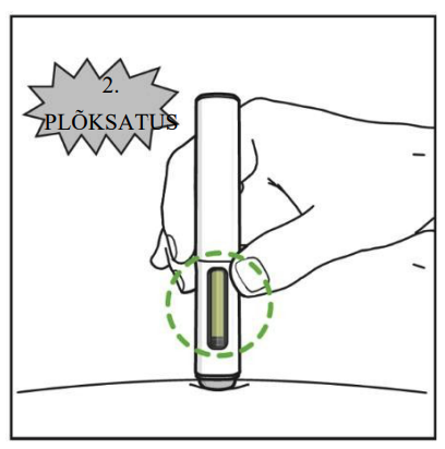 Pen-süstel on sisestatud naha sisse. Ülal kuvatakse viiktekst „2. klõps”, mis näitab pliiatsi teist klõpsamise heli. Roheline punktiirring tõstab esile akna, mis on eduka sisestamise näitamiseks täidetud roheliselt.
