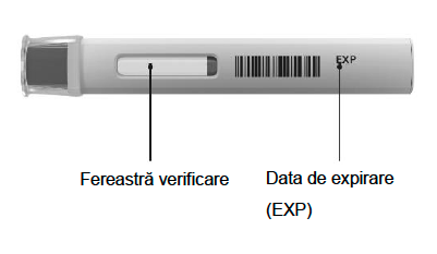Un stilou injector (pen) Cosentyx 300 mg UnoReady nedeschis, cu capac pe o parte, pentru a afișa fereastra de vizualizare și data de expirare