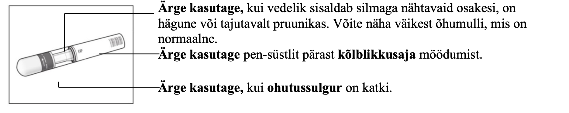 Cosentyx 150 mg eeltäidetud süstla (SensoReady) märgistatud tootepilt, mis näitab enne kasutamist läbiviidavaid ohutuskontrolle