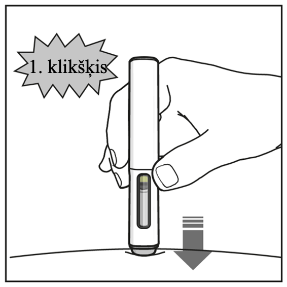 Pildspalvveida pilnšļirce ir ievietota ādā, ko norāda lejupvērsta bultiņa. Augšpusē tiek parādīta norāde “Pirmais klikšķis”, kas norāda uz pildspalvas noklikšķināšanas skaņu