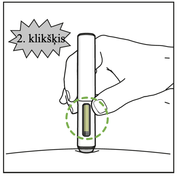 Pildspalvveida pilnšļirce ir ievietota ādā. Augšpusē tiek parādīta norāde “2. klikšķis”, kas norāda uz 2. klikšķa skaņu no pildspalvas. Zaļš punktēts aplis izceļ logu, kas ir aizpildīts zaļā krāsā, lai parādītu veiksmīgu ievietošanu.