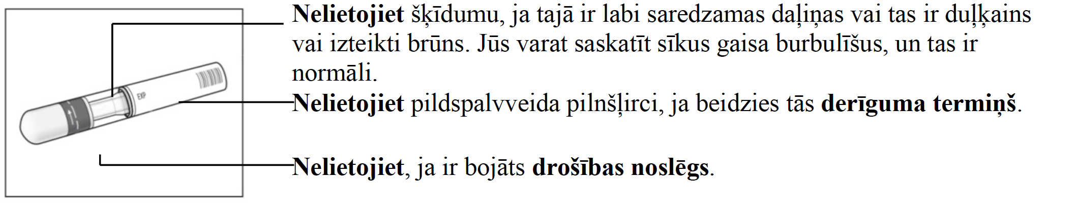 Cosentyx 150mg pilnšļirces (SensoReady) marķētais produkta attēls, kurā parādītas drošības pārbaudes, kas jāveic pirms lietošanas