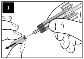 Esimese sammu juhendi pilt näitab nõelakorgi eemaldamist süstlalt kahe käega