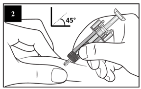 Juhendi teises etapis on näidatud nõela sisestamine pöidla ja nimetissõrme vahele pigistatud nahka.