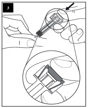 Juhendi kolmas samm näitab teise sammu suurendatud versiooni, rõhutades, et kolb on süstlakaitsme tiibadesse täielikult sisse surutud.